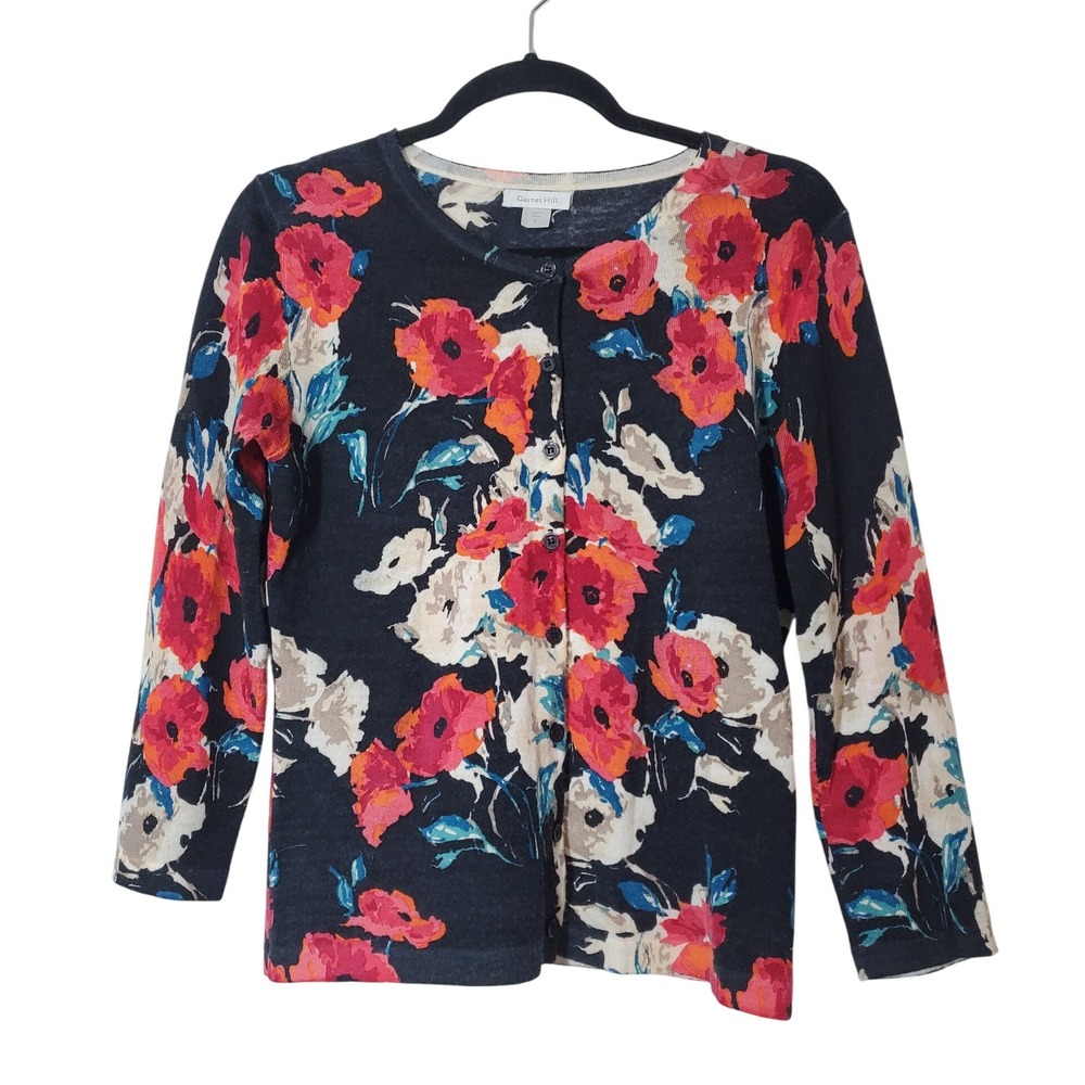 Garnet Hill Floral Print Merino Wool‎ Cardigan Sweater Womens Small Thin Light